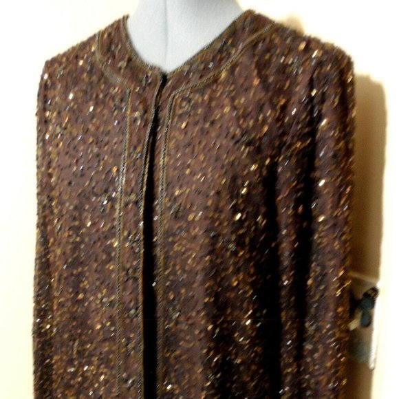 Vintage STENAY 100% Silk ALL Beaded Formal Jacket S Brown Hook front Overcoat LS - Picture 7 of 13